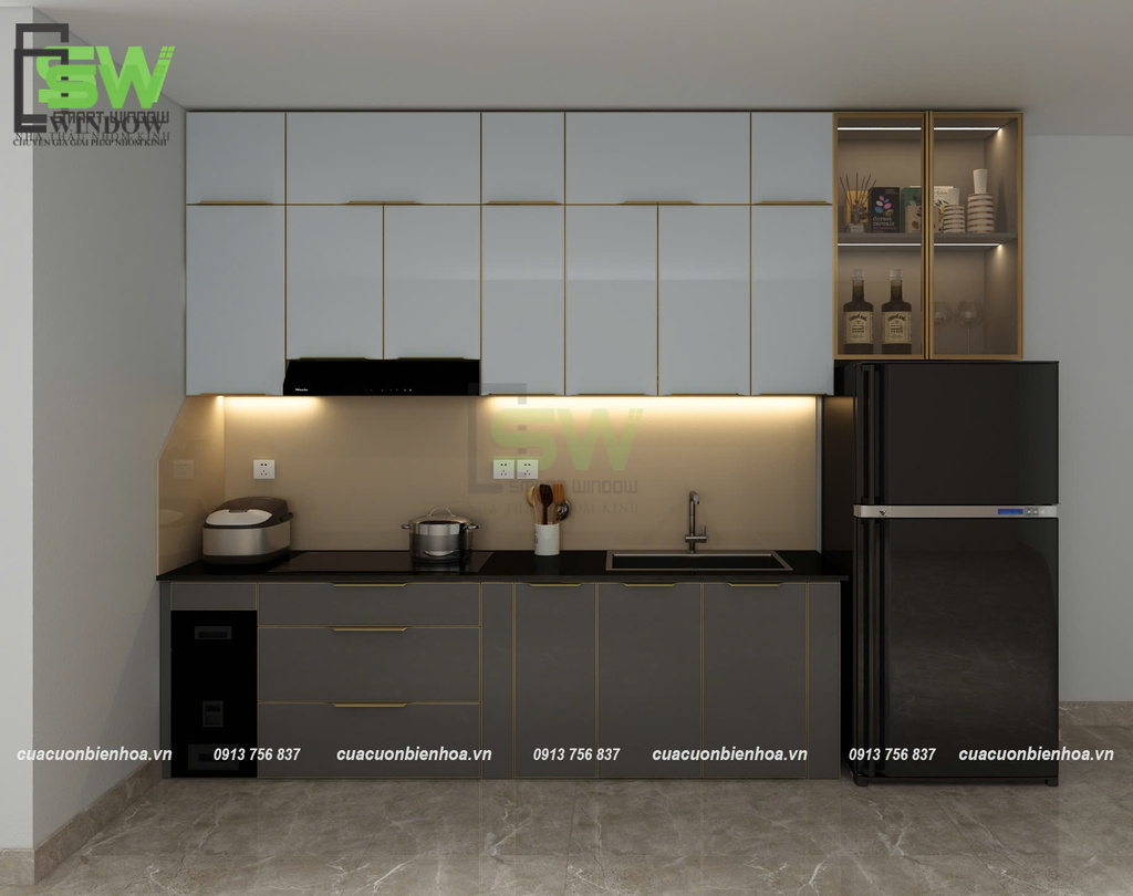 tủ bếp nhôm tấm cánh kính