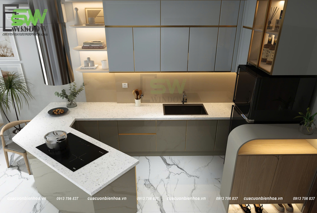 Tủ bếp nhôm cánh kính chữ U