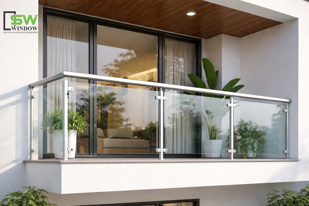 lan can kính tay vịn Inox