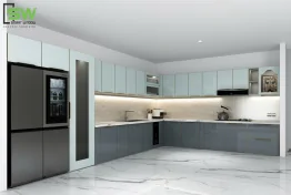 Tủ bếp nhôm cánh kính màu xanh ngọc